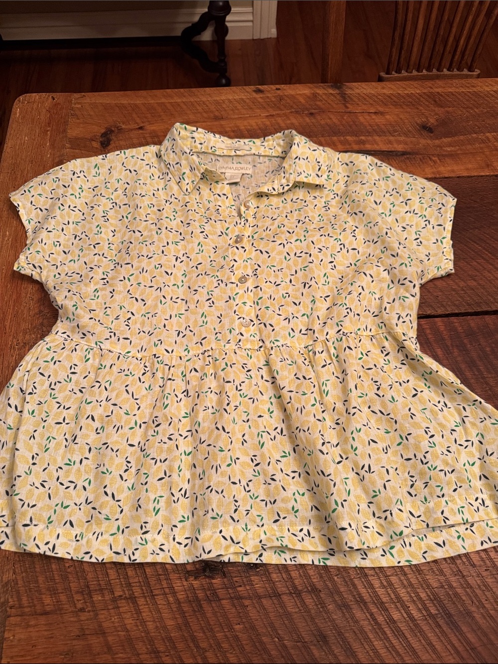 Cynthia Rowley Yellow Floral Button-Front Peplum Blouse. 100% linen
